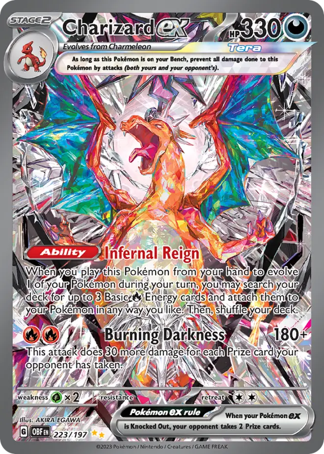 Pokémon-kaart Charizard ex uit de set Obsidian Flames, nummer 223/197